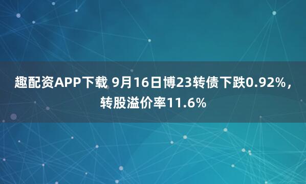 趣配资APP下载 9月16日博23转债下跌0.92%，转股溢价率11.6%